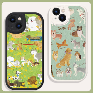 复古可爱狗狗插画苹果15适用iphone14手机壳13promax小米12华为P50荣耀90全包mate60红米note13防摔oppo一加
