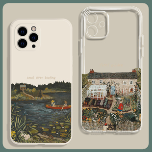 欧美法式复古北欧风插画16适用15苹果14promax手机壳13全包12小米11华为mate50硅胶P70透明nova10红米K60pro
