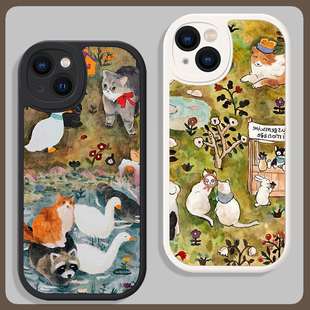 美式文艺复古猫咪插画适用苹果15promax手机壳14全包13小米12华为mate60防摔P40小羊皮nova11荣耀oppo软vivo