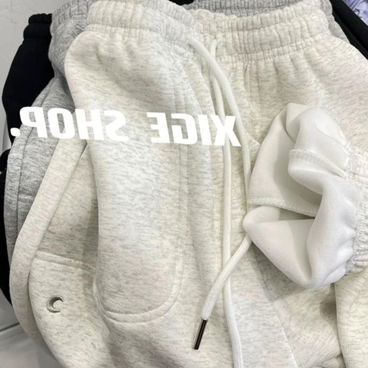 休闲百搭保暖加绒运动卫裤女慵懒风加厚高腰束脚裤子秋冬季哈伦裤