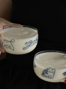 猫狗双全ins风手绘高颜值高硼硅玻璃碗耐高温酸奶碗甜品碗早餐碗