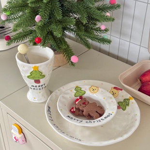 圣诞树小熊陶瓷高脚杯酸奶饭碗餐盘深盘釉下彩可爱圣诞餐具礼物