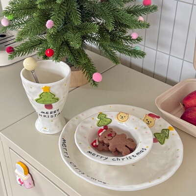 圣诞树小熊陶瓷高脚杯饭碗餐盘