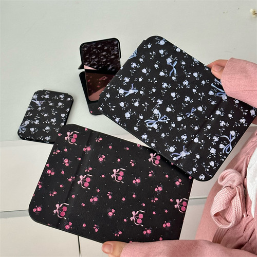 PU皮便携家用小碎花台式梳妆镜