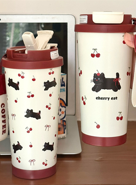 樱桃小猫！复古红色保温杯高颜值随行316不锈钢咖啡保冷杯子手提