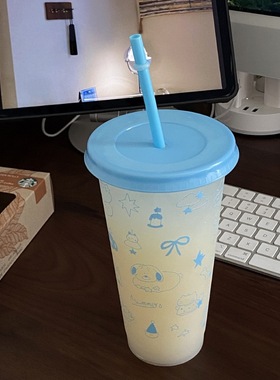 非一次性！清新海盐蓝手绘少女心吸管水杯便携高颜值咖啡杯奶茶杯