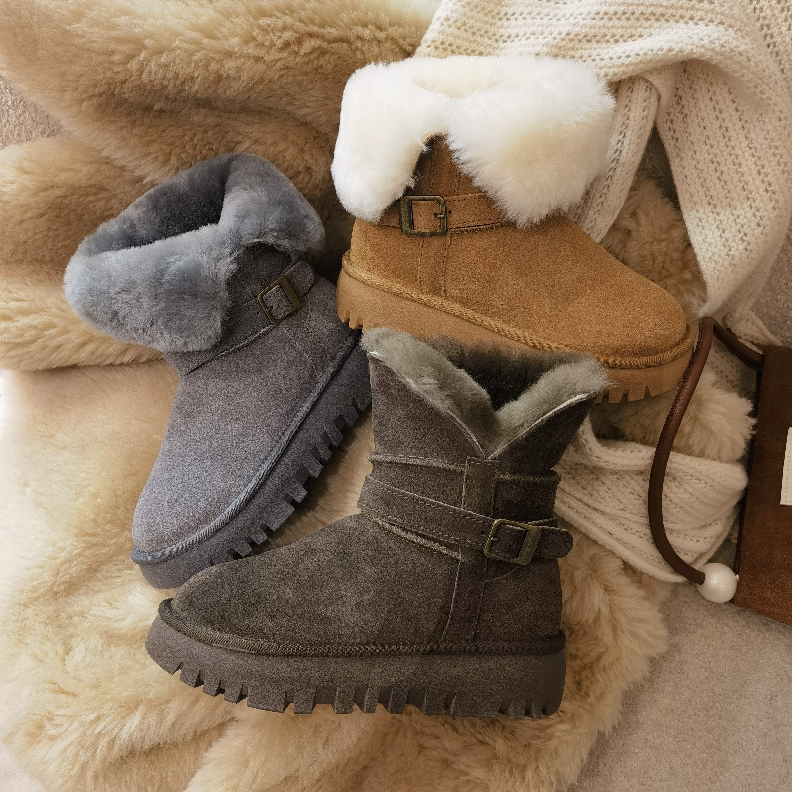 欧洲站真皮一体羊毛雪地靴女款两穿款冬大棉鞋女鞋加绒保暖鞋