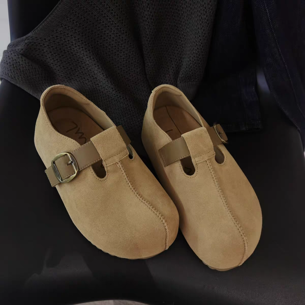 高端真皮皮带扣包头博肯鞋内增高软底穆勒鞋女复古厚底鞋3112CA9