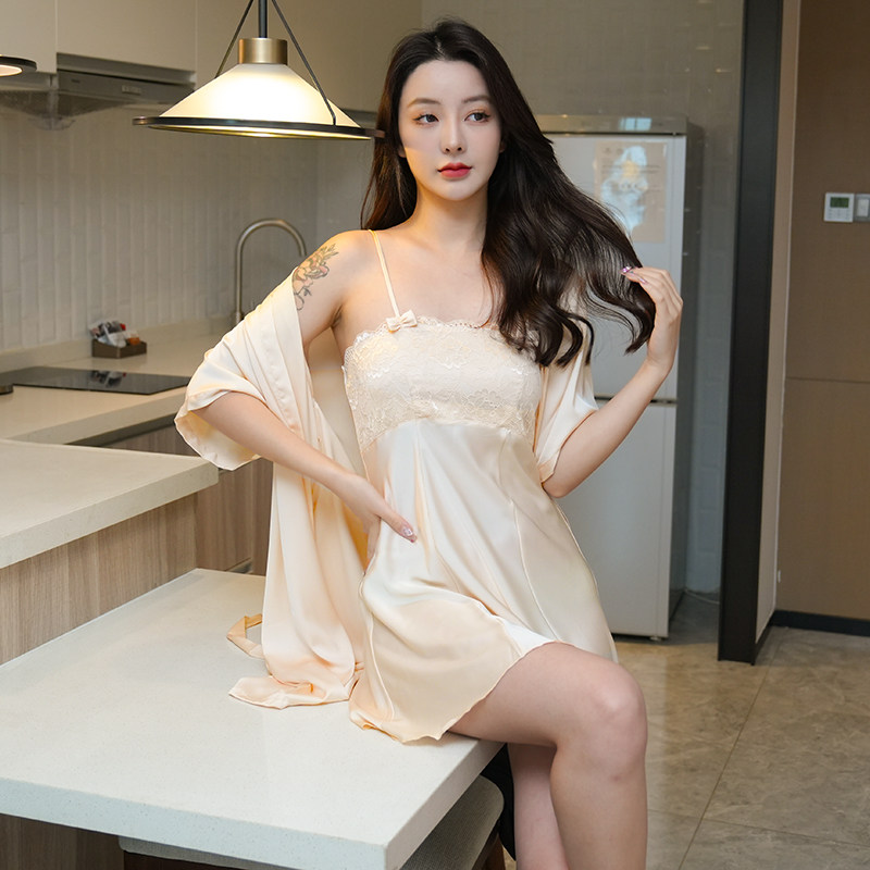 睡衣女夏季冰丝2023年新款薄款性感蕾丝抹胸吊带真丝睡裙睡袍套装