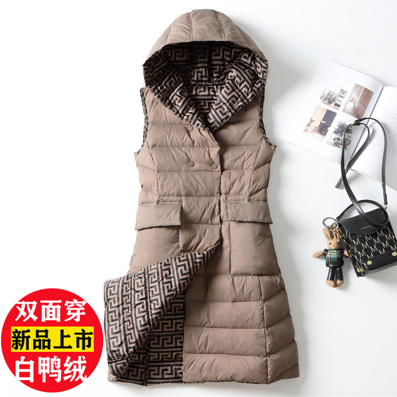 无袖羽绒服女薄款2022年新双面穿中长款显瘦白鸭绒两面穿秋冬外套