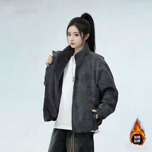 美式立领雾面pu皮夹克加绒外套男女新款设计感夹克痞帅高级感上衣