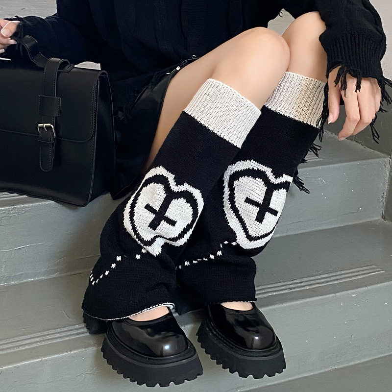 梗豆物语面针织阔腿袜套女秋冬加厚十字架爱心黑白lolita小腿腿套