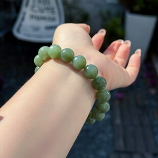 店铺福利天然和田玉手链青玉带小猫眼12mm珠素圈手串国风一物一图