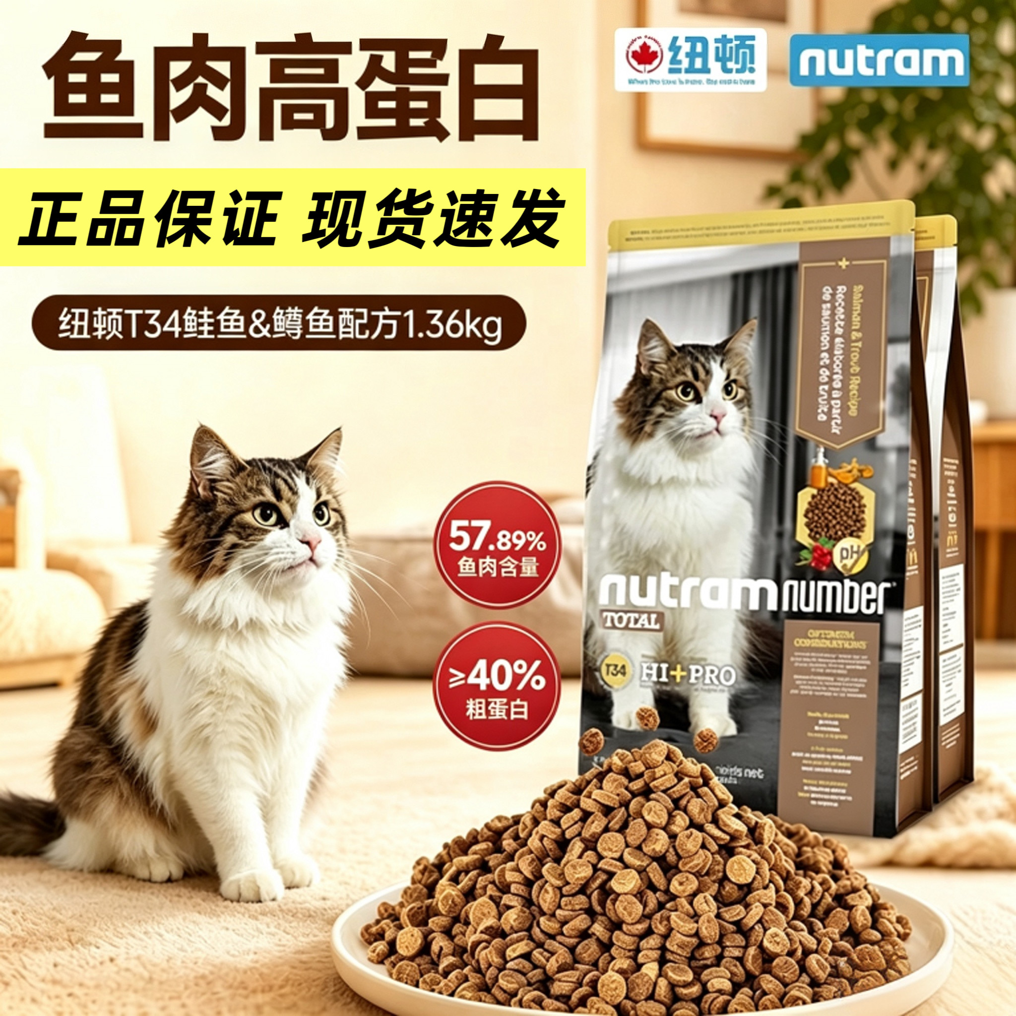 纽顿T34鲑鱼鳟鱼配方1.36kg无谷高蛋白猫粮进口成猫幼猫纽顿猫粮