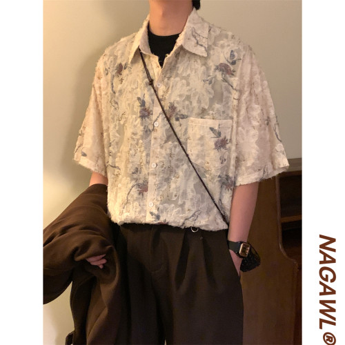 NAGAWL2025夏季美式复古玫瑰提花垂感磨毛情侣短袖衬衫上衣男女潮