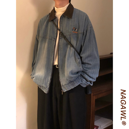 NAGAWL秋季新款中性风廓形夹克美式复古做旧水洗翻领牛仔外套男女