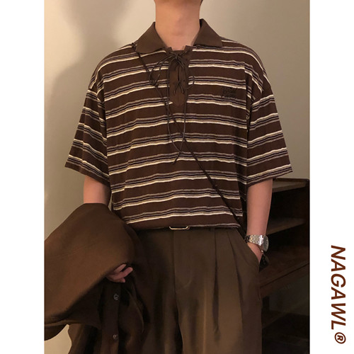 NAGAWL2026夏季美式复古撞色条纹绑带Polo衫男宽松休闲情侣款上衣