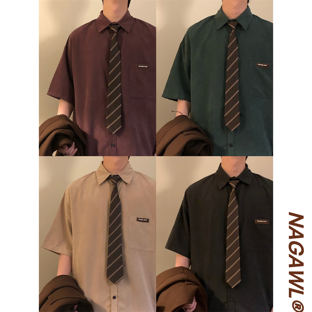 NAGAWL2025夏宽松美式复古潮牌学生短袖衬衫男纯色高级感休闲上衣