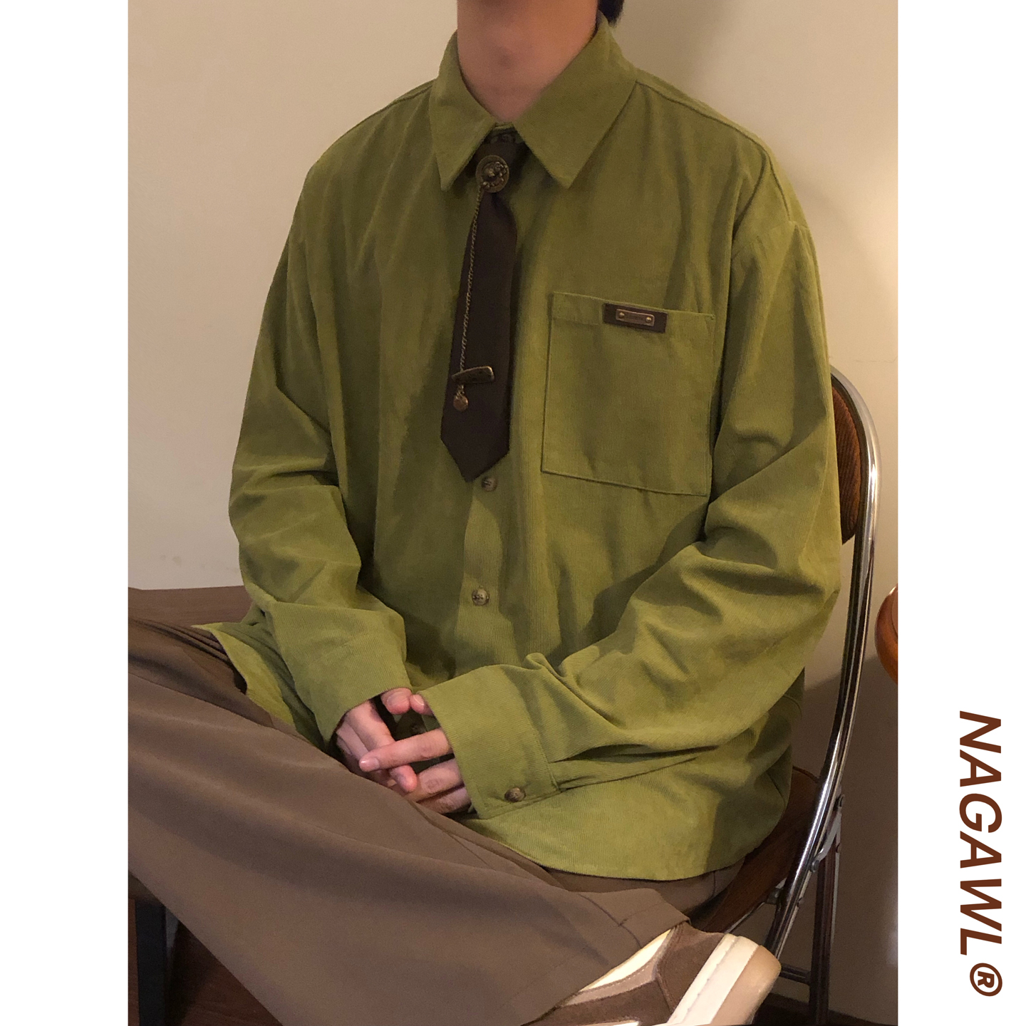 NAGAWL秋季美式复古学院风简约纯色宽松休闲百搭叠穿长袖衬衫上衣