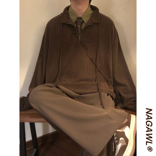 NAGAWL美式复古半拉链立领卫衣男早秋新款慵懒风简约宽松长袖上衣