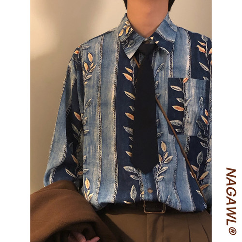 NAGAWL秋季美式复古宽松潮牌设计感条纹印花休闲长袖衬衫上衣男女