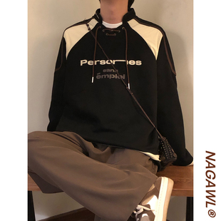 NAGAWL秋季美式复古潮牌设计感小众拼接长袖卫衣街头情侣上衣男女