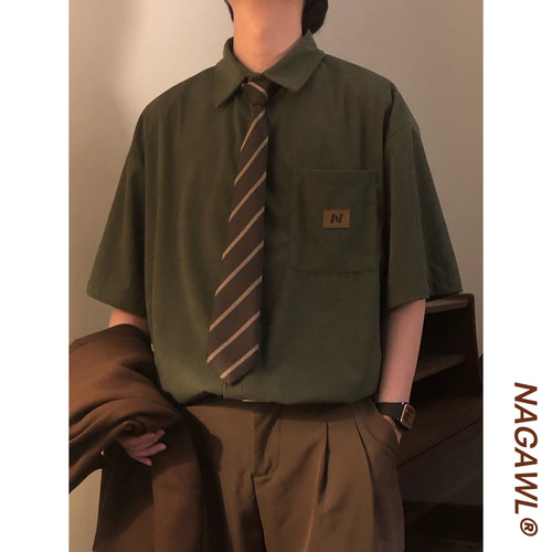 NAGAWL夏季美式复古潮牌学院风简约休闲宽松百搭短袖衬衫上衣男女