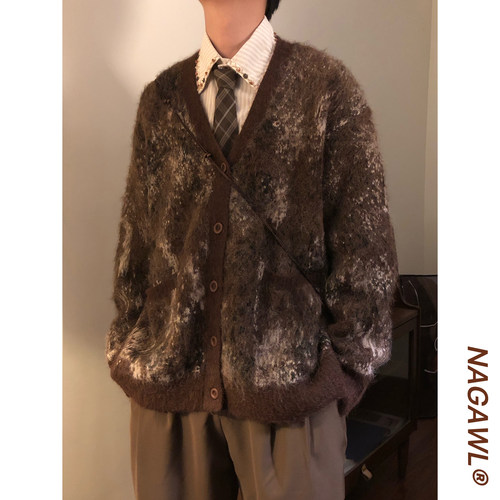 NAGAWL秋冬美式复古潮牌宽松美拉德慵懒风V领针织开衫毛衣外套男