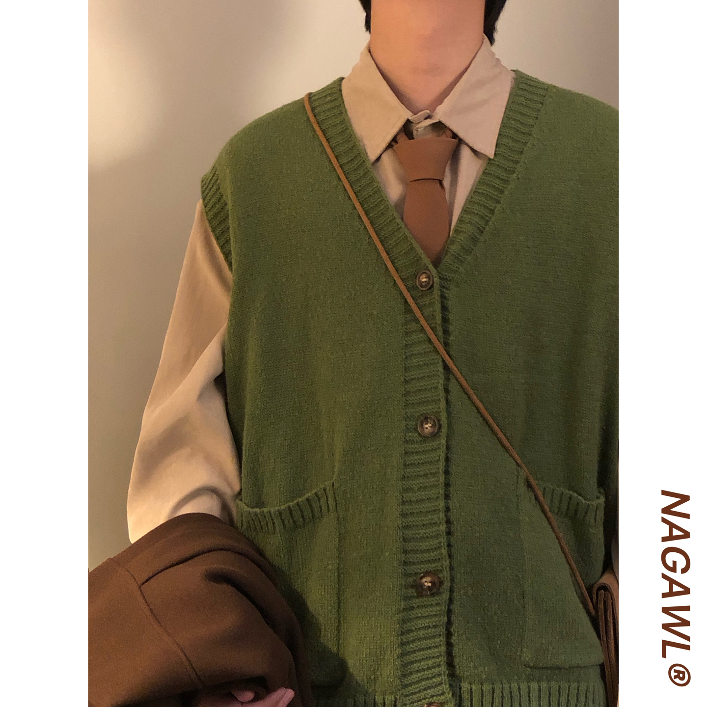 NAGAWL秋冬美式复古学院风V领叠穿马甲针织背心开衫无袖毛衣男女