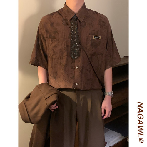 NAGAWL2026夏季美式复古暗纹植物印花衬衫男宽松百搭潮牌短袖上衣