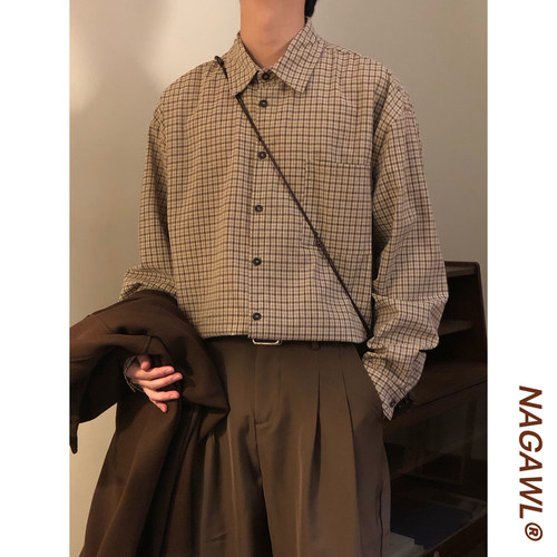 NAGAWL2025春日系复古学院风卡其色格子休闲百搭长袖衬衫上衣男潮