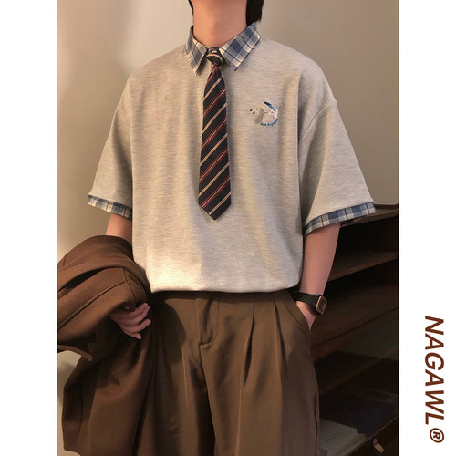 NAGAWL夏季美式复古学院风拼接格子小狗刺绣polo衫短袖T恤上衣男