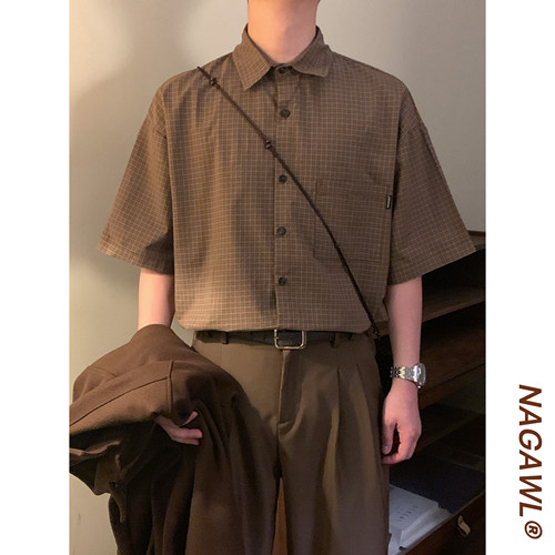 NAGAWL2026夏季日系复古慵懒风格纹衬衫男宽松款百搭cleanfit上衣