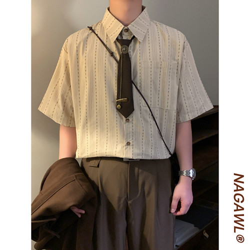 NAGAWL2026日系学院风条纹衬衫男女宽松百搭cityboy休闲短袖上衣