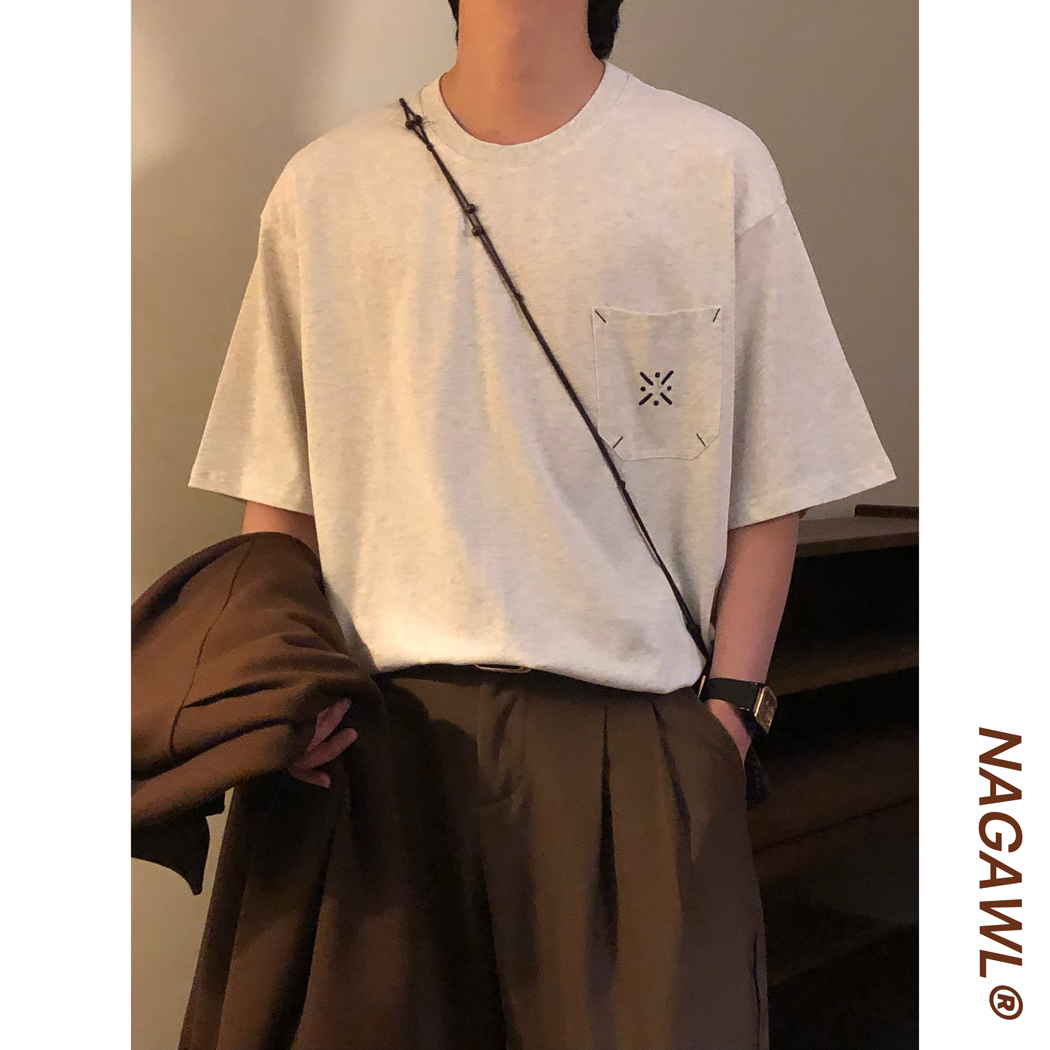 NAGAWL夏季美式复古百搭简约口袋刺绣圆领休闲宽松短袖T恤上衣男