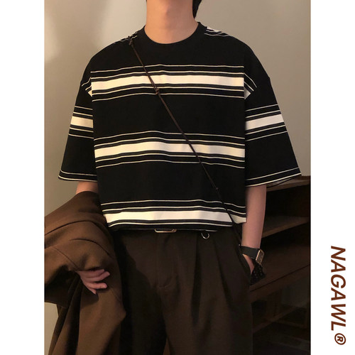 NAGAWL夏季美式复古学院风拼色条纹宽松休闲圆领短袖T恤上衣男女