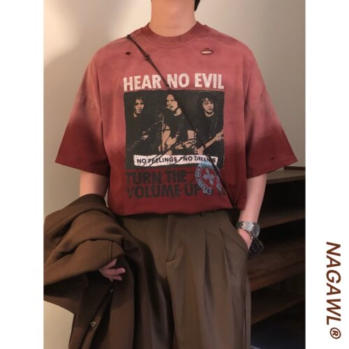 NAGAWL2026夏季破洞乐队印花短袖T恤男女复古学院风宽松潮牌上衣