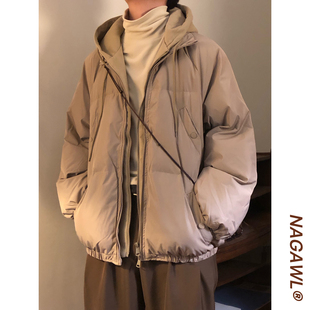 NAGAWL冬季美式复古宽松拼接假两件保暖加厚连帽棉衣面包服外套男