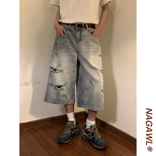 NAGAWL2026夏季美式复古破洞牛仔短裤男宽松百搭慵懒感潮牌七分裤