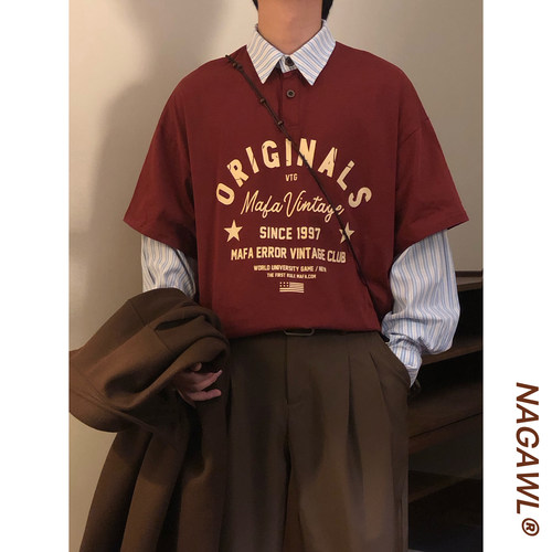 NAGAWL秋季美式复古宽松字母印花拼接假两件长袖polo衫T恤卫衣男