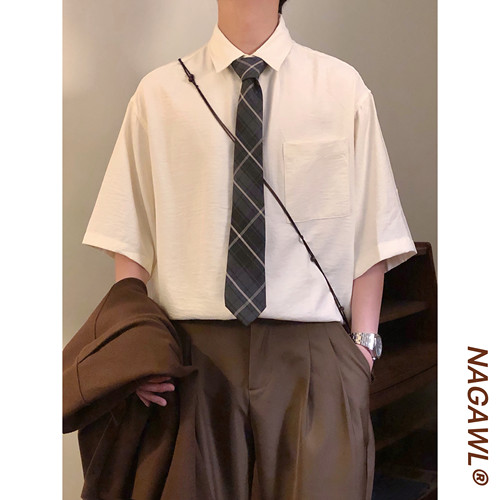 NAGAWL2026夏季美式复古学院风短袖衬衫男女宽松潮牌休闲半袖上衣