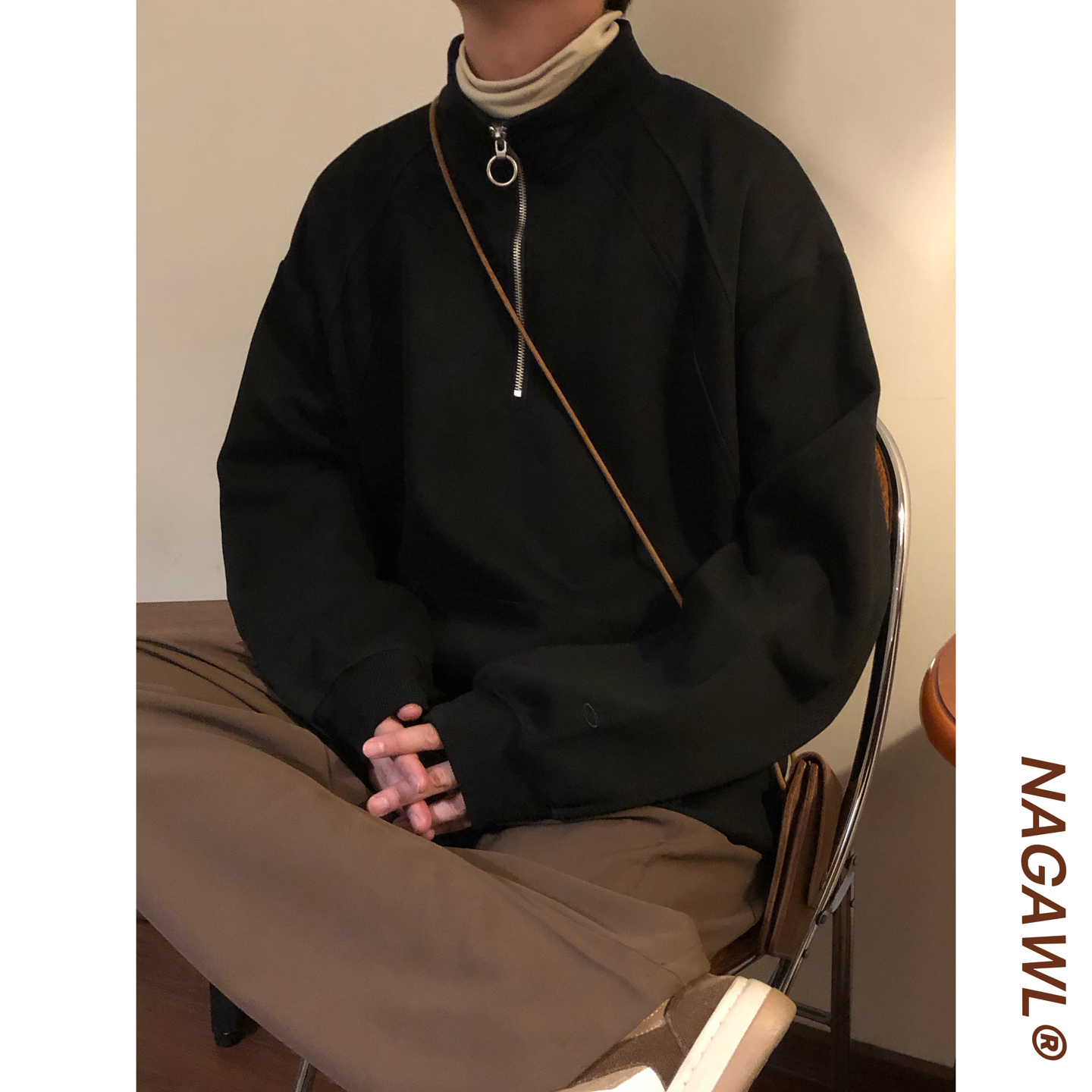 NAGAWL秋冬美式复古潮牌痞帅高级感百搭半拉链立领长袖套头卫衣男