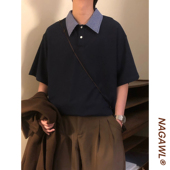 短袖 复古休闲学院风拼接格子领polo衫 T恤上衣男女 美式 NAGAWL夏季