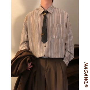 男宽松潮牌上衣 衬衫 NAGAWL2026春季 日系复古休闲风条纹POLO领长袖