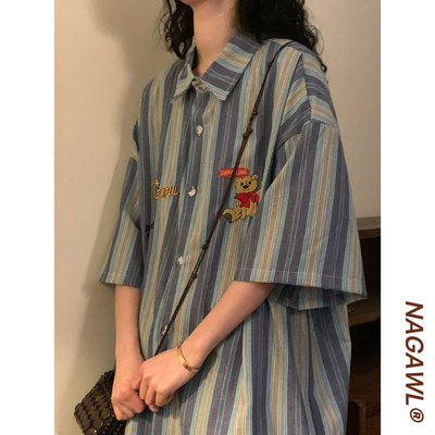 NAGAWL夏季美式复古休闲趣味小熊刺绣拼色竖条纹短袖衬衫上衣男女