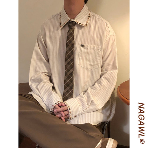 NAGAWL秋冬美式复古潮牌竖条纹串珠配领带宽松休闲长袖衬衫上衣男