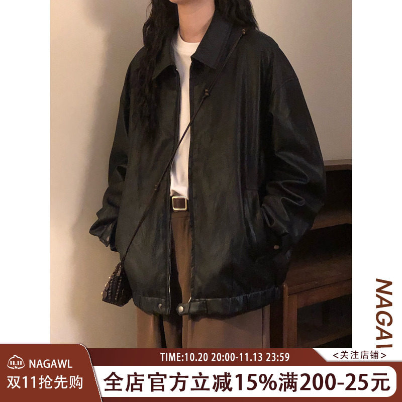 NAGAWL秋冬美式复古翻领拉链夹克男宽松机车风黑色外套设计感上衣