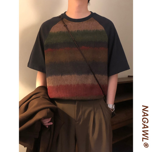 NAGAWL2026夏季美式复古撞色渐变条纹短袖T恤男女宽松插肩袖上衣