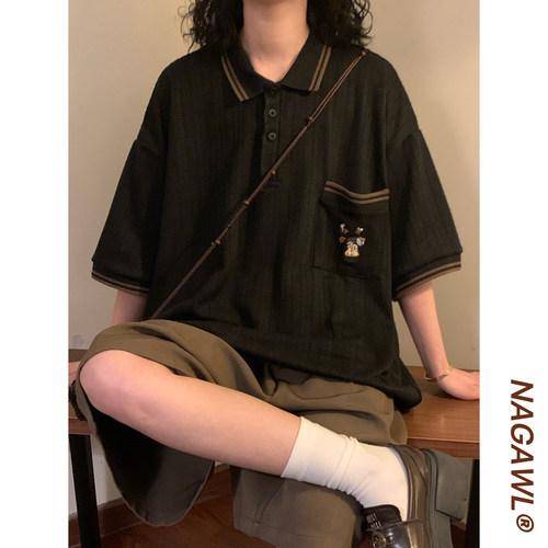 NAGAWL夏季美式复古学院风休闲刺绣宽松polo衫短袖T恤上衣男女潮