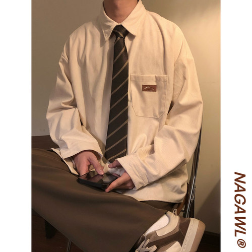 NAGAWL春季美式复古学院风休闲灯芯绒长袖内搭打底衫衬衫上衣男女